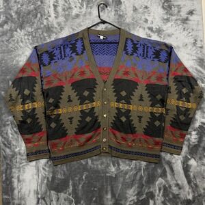 Neiman Marcus Cardigan Sweater Mens XL Olive Multi Southwestern Aztec Cotton USA